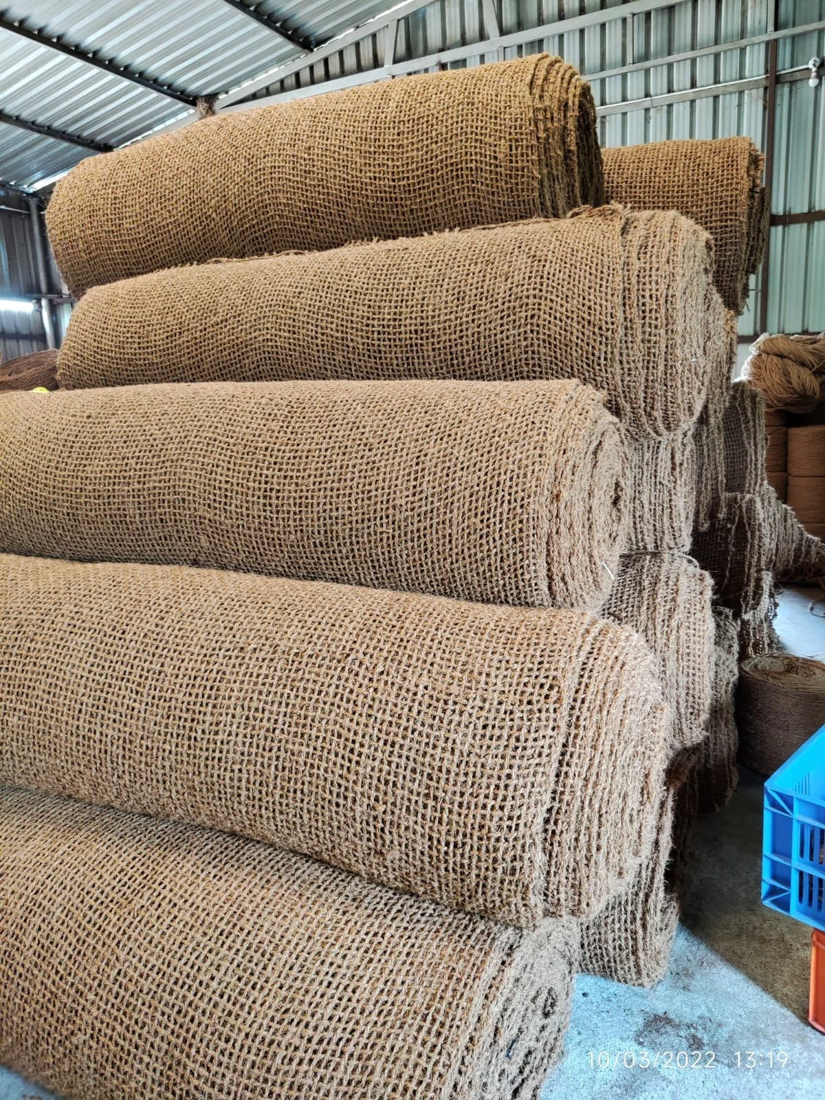 Close-up of woven coir geotextile rolls